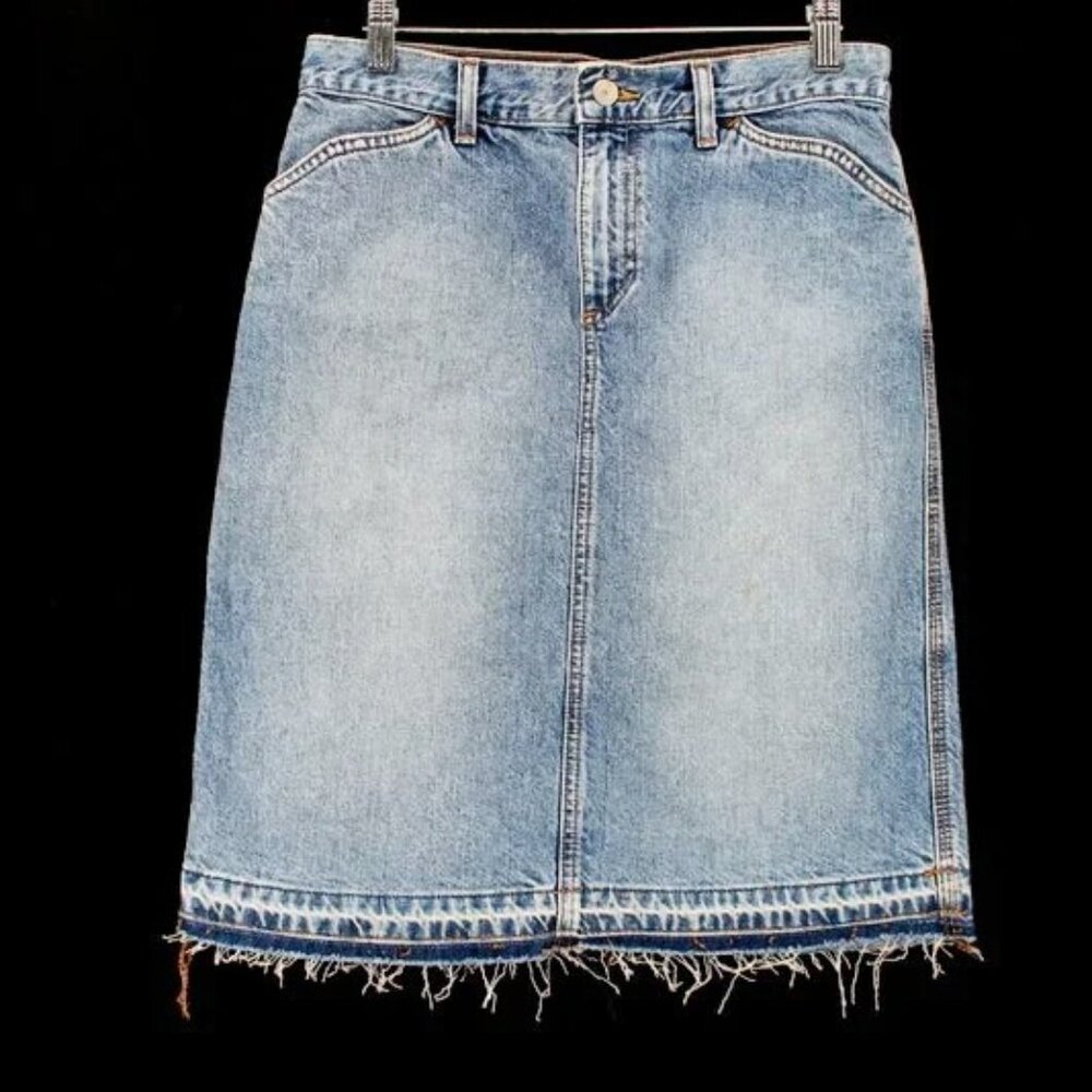 Vintage GAP Denim Skirt Light Wash Raw Hem Western Stitch 100% Cotton No Stretch